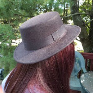 Women's Felted Wool Black Boater Flat Top Hat